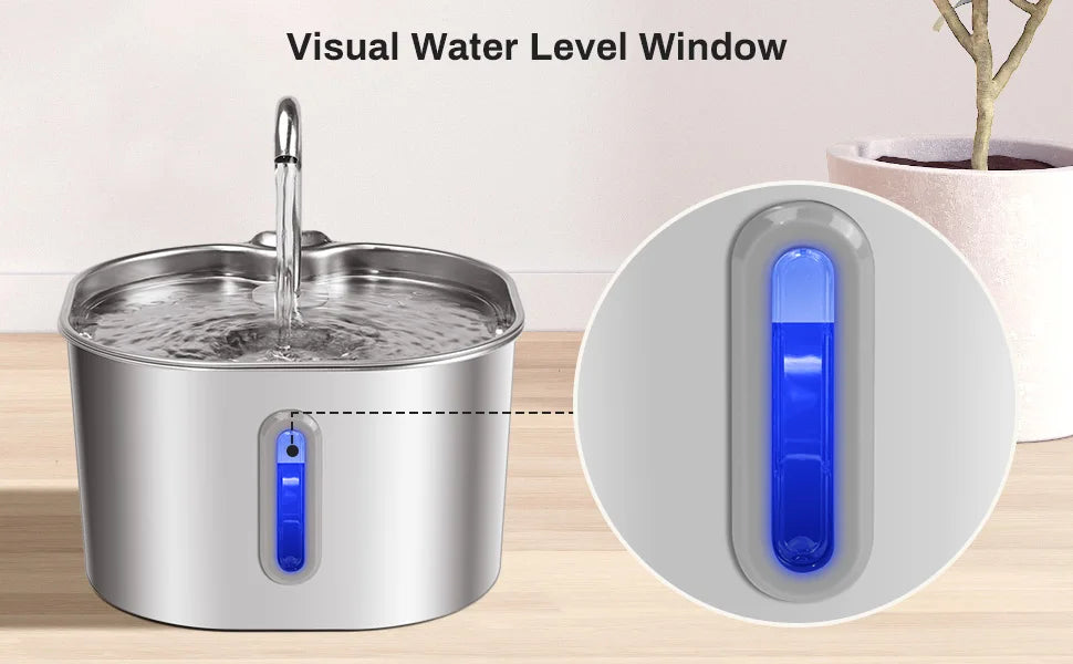 2.2L Stainless Steel Cat Water Fountain : Ultra Quiet Cat Fountain w/ Filtration, LED Water Level Window ;