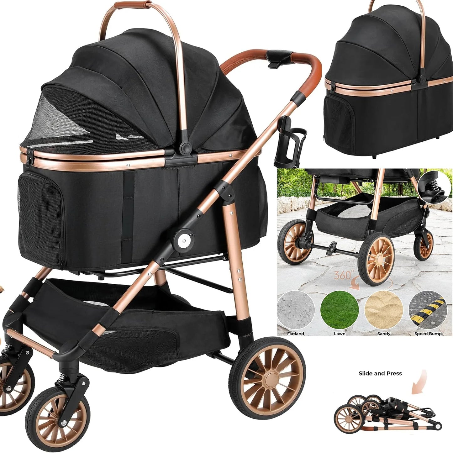 Dog/Cat Stroller; Box Can Be Attached in Car; Transport Foldable;