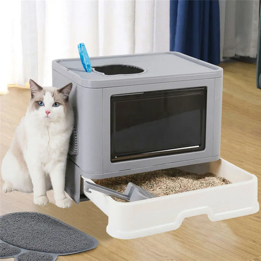 Foldable Cat Litter Box; Front Entry & Top Exit ; & Litter Scoop