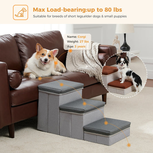 3-Tier Dog Stairs Foldable; Storage Box; Adjustable ;