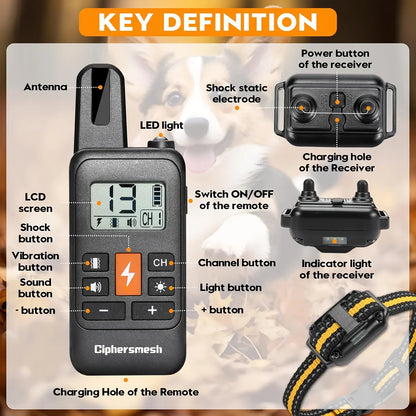 Electric Dog Training Collar; Rechargeable Anti Barking Shock Vibration;