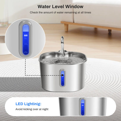 2.2L Stainless Steel Cat Water Fountain : Ultra Quiet Cat Fountain w/ Filtration, LED Water Level Window ;