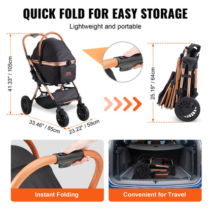 Pet Stroller Foldable Puppy Stroller; Detaachable Storage Basket;  Small to Medium Dogs;