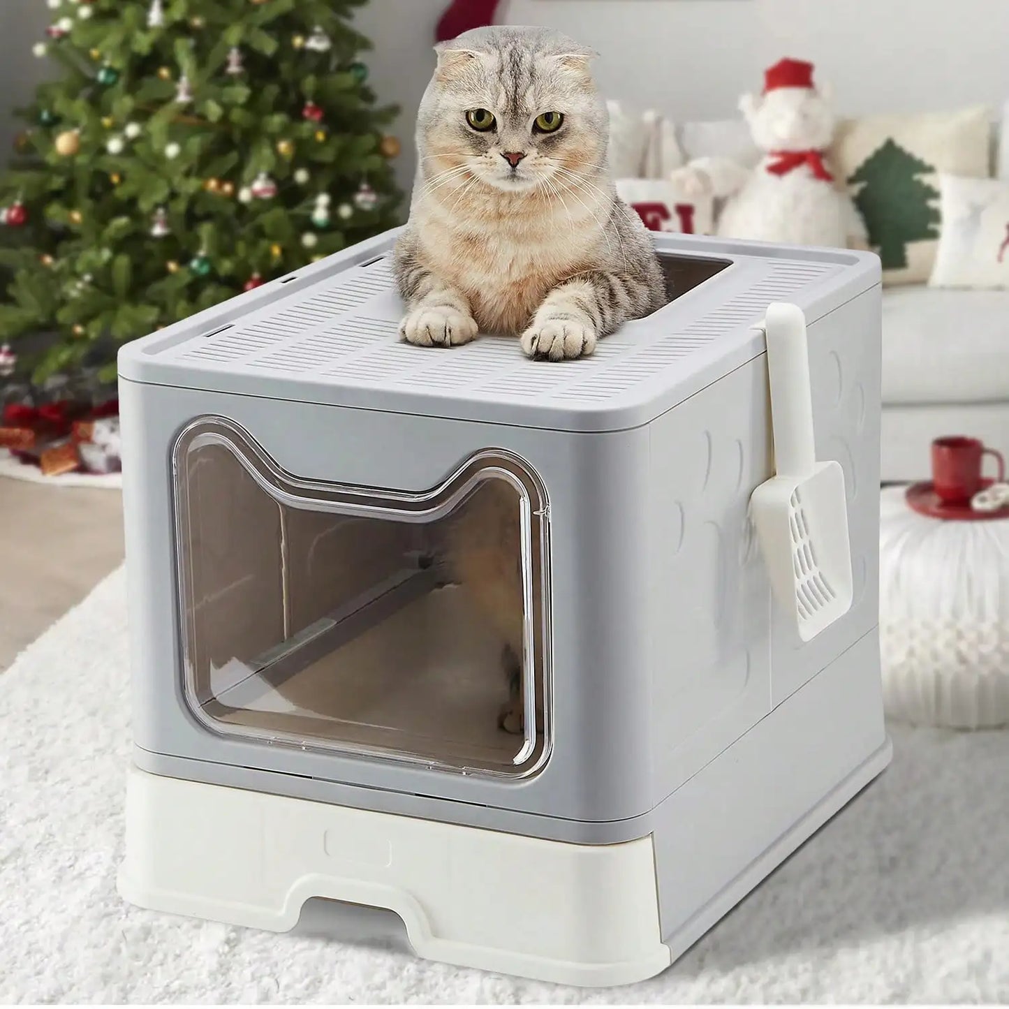 Convenient Foldable Litter Box: Drawer Design with Scooper:  Easy Cat Waste Management;