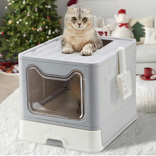 Convenient Foldable Litter Box: Drawer Design with Scooper:  Easy Cat Waste Management;
