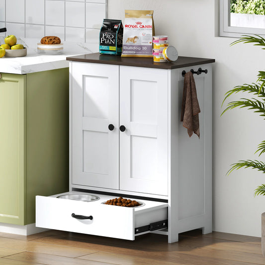 Pet Feeding Station; Food Storage Cabinet w/ Hooks Hidden Detachable Med. Stainless Steels Pet Bowls;